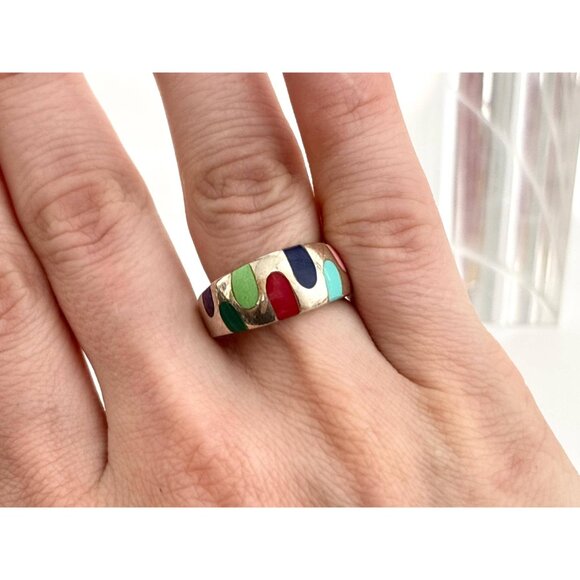 Mosaic Multi Gemstone Inlay Unusual 925 Sterling Silver Vintage Ring - sz 7 - Picture 9 of 11